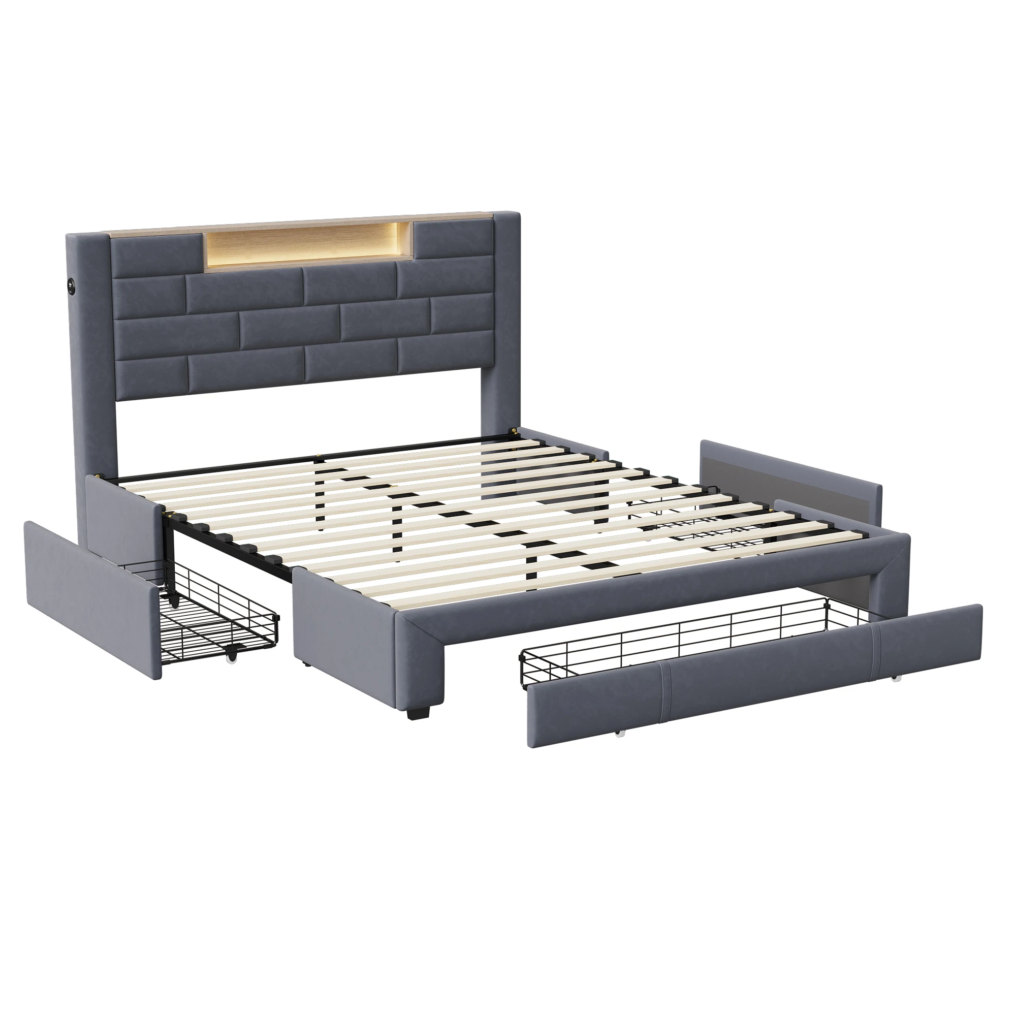 Lazyspace Velvet Double Bed with 3 Storage Drawers,140/160x200cm, Headboard with LED and Charging Port, Wooden Slat Frame