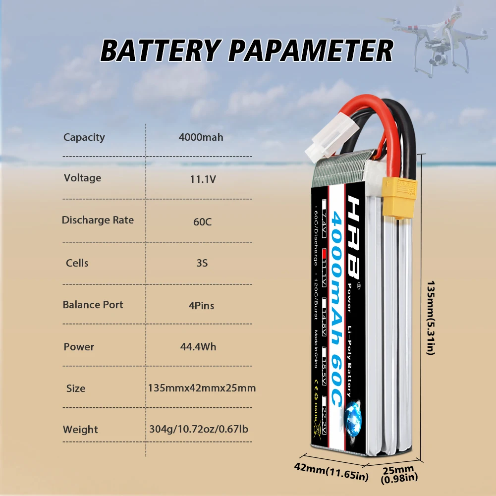 HRB 3S 4000mah Lipo Battery 11.1V 4000mah RC Battery 60C With XT60 Connector for RC Car Truck Monster RC Airplane FPV Drone Boat