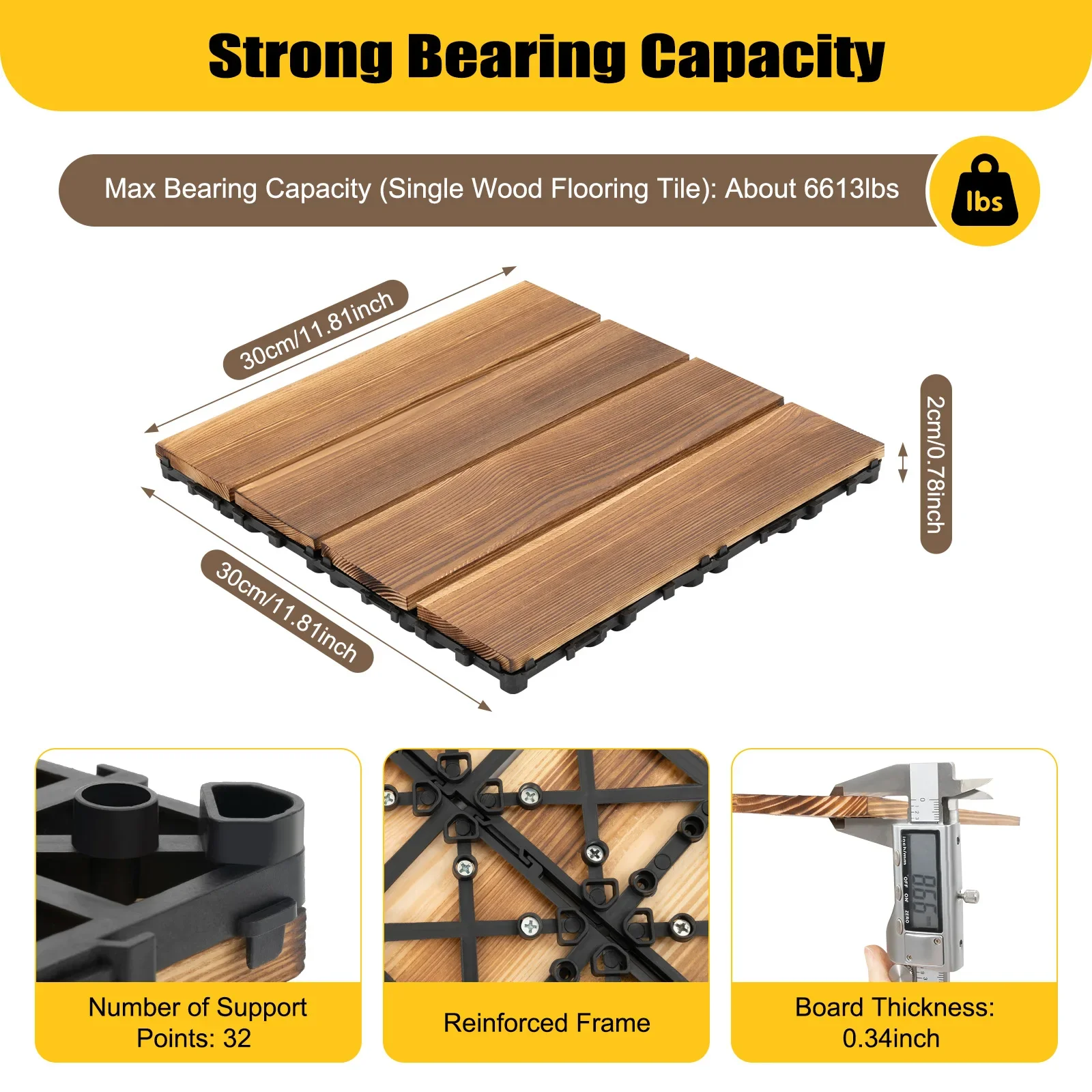 36pcs Acacia Wood Deck Tiles Mosaic Acacia Wood Decking Tiles Hardwood Decking Tiles for Garden Lawn Backyard Brown 30x30 cm