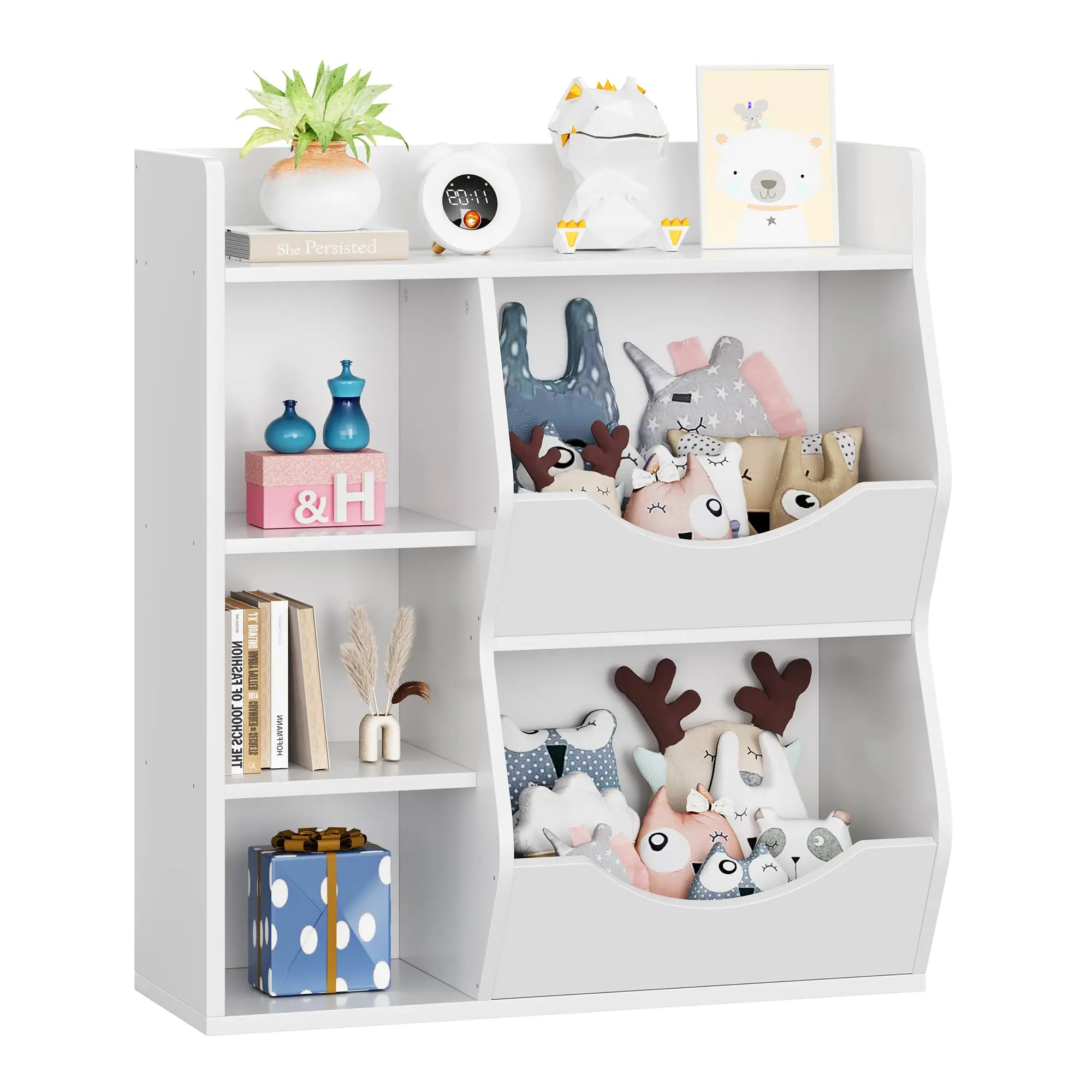 3-Tier Kids Bookshelf, Bookcase Footboard, Toy Storage Cubby White 5-Compartment Children's Toy Shelf, Toy Storage Cabinet,Hallw
