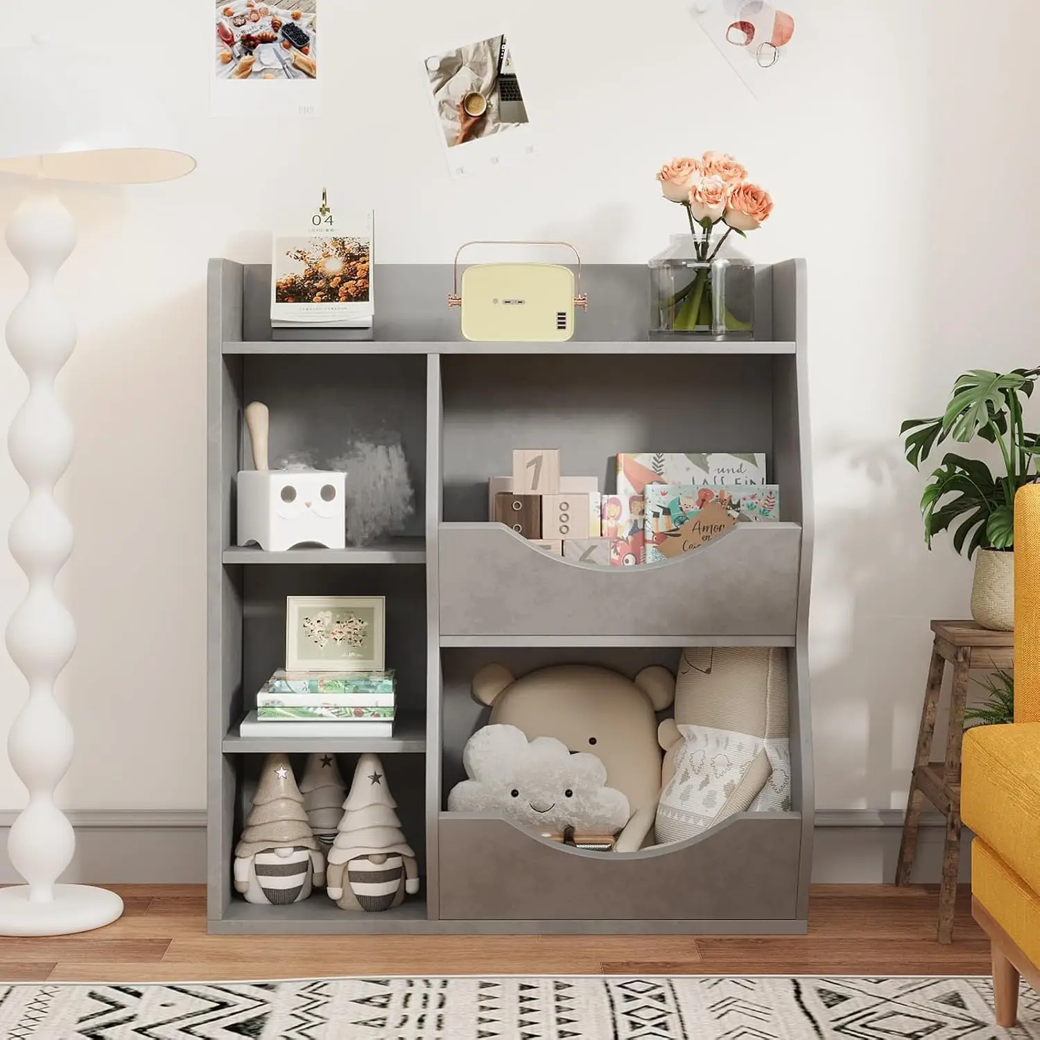 3-Tier Kids Bookshelf, Bookcase Footboard, Toy Storage Cubby White 5-Compartment Children's Toy Shelf, Toy Storage Cabinet,Hallw