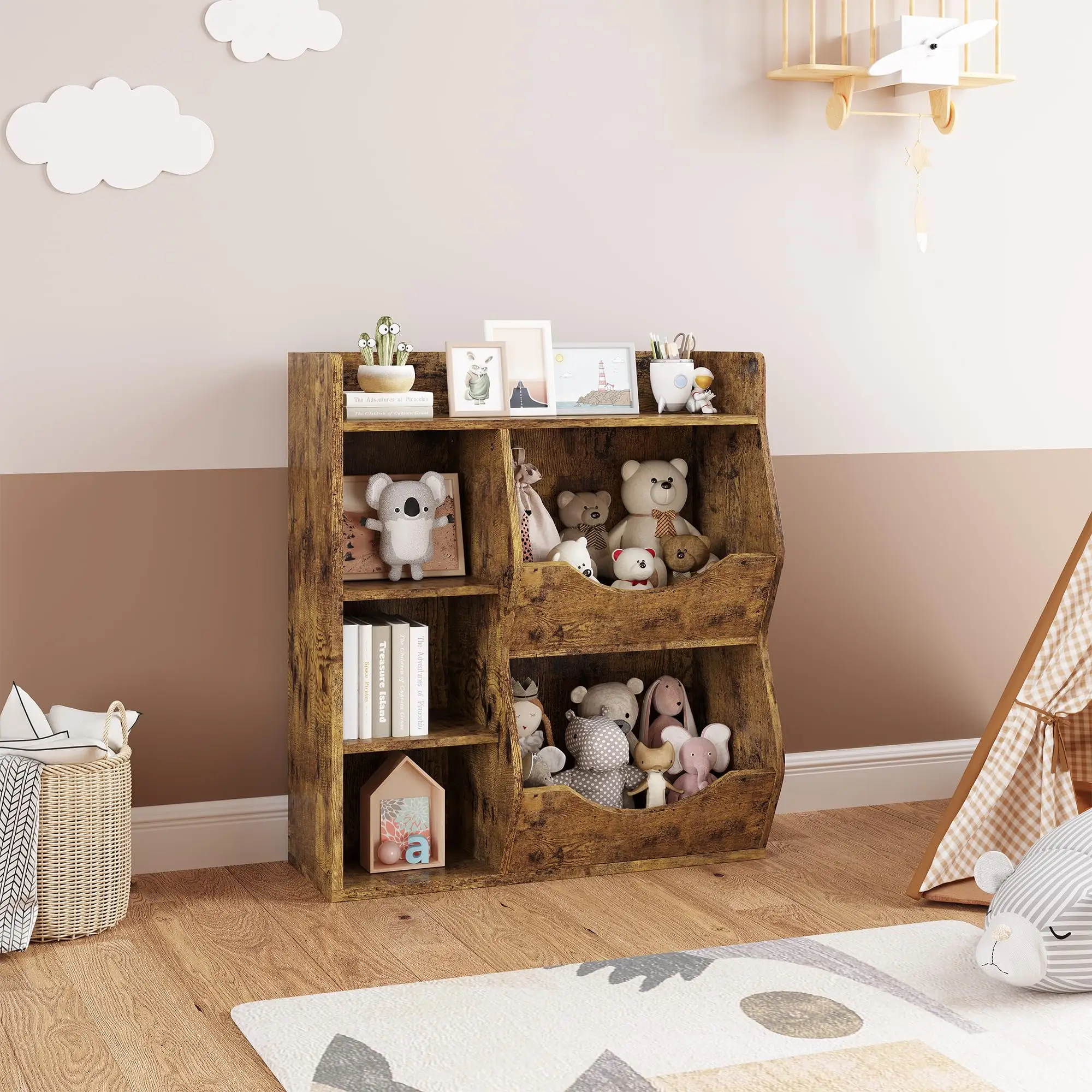 3-Tier Kids Bookshelf, Bookcase Footboard, Toy Storage Cubby White 5-Compartment Children's Toy Shelf, Toy Storage Cabinet,Hallw