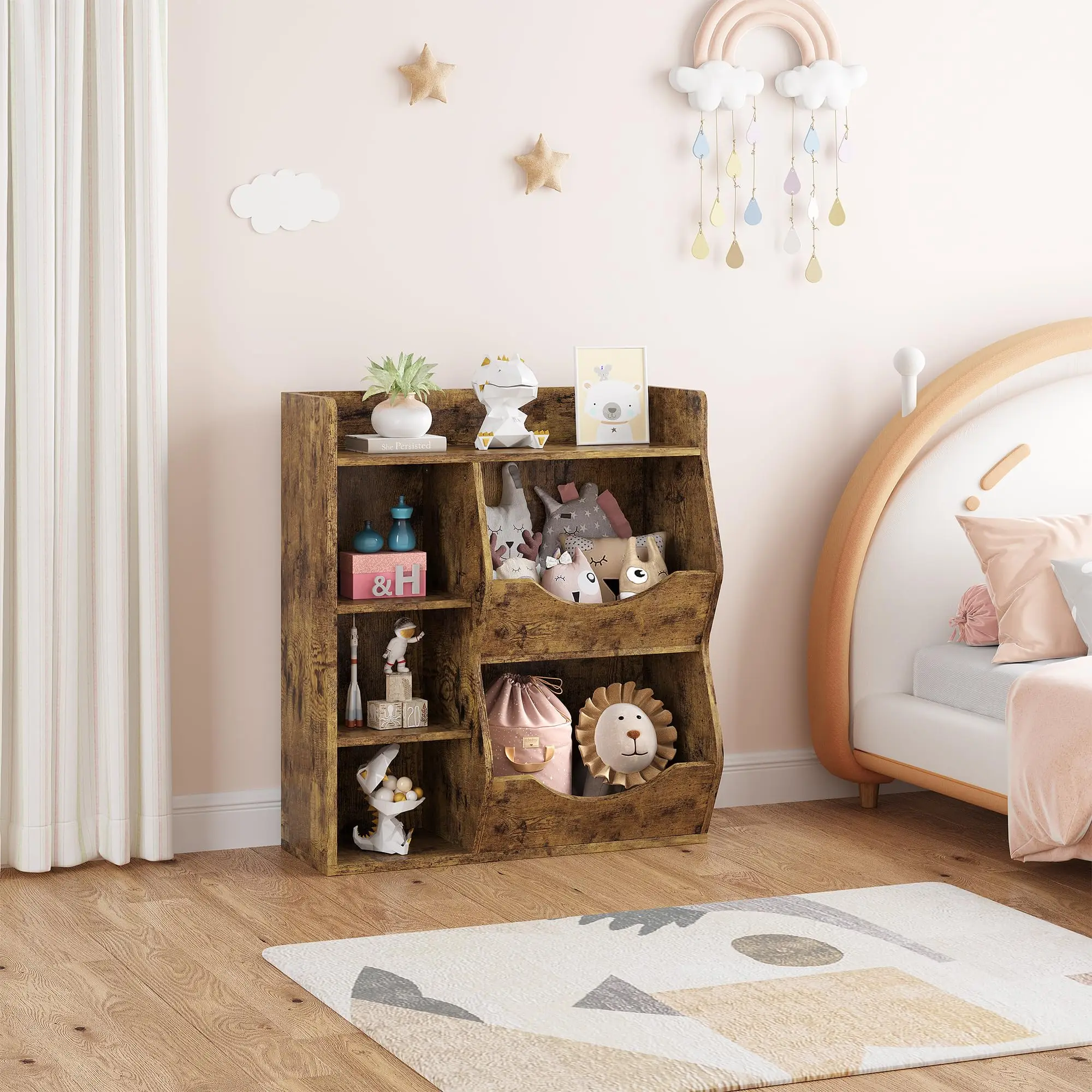 3-Tier Kids Bookshelf, Bookcase Footboard, Toy Storage Cubby White 5-Compartment Children's Toy Shelf, Toy Storage Cabinet,Hallw