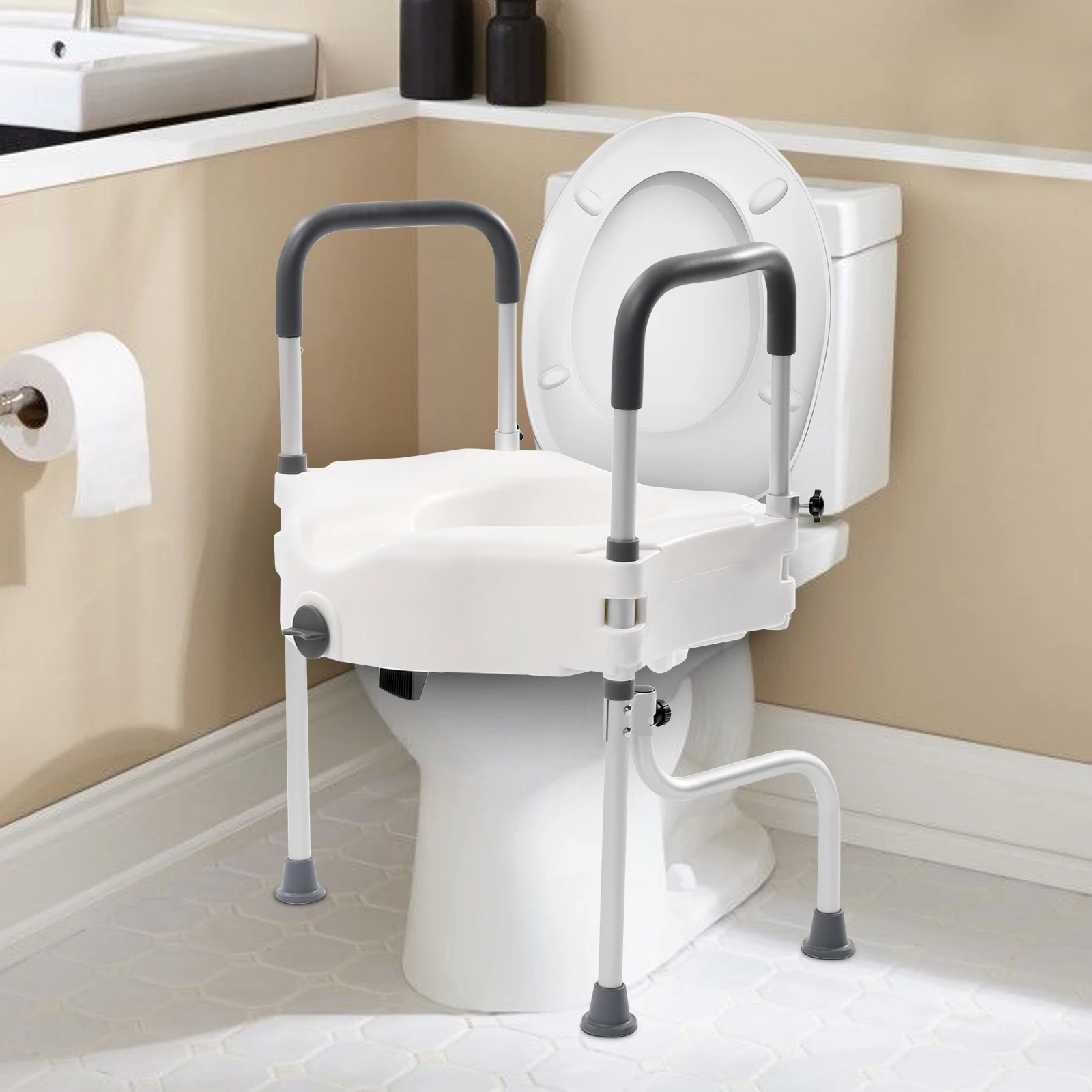 White Elderly Aluminum Alloy Toilet Height Pad With Armrest Toilet Seat Raiser & Safety Frames for Elder Suitable For Disabled
