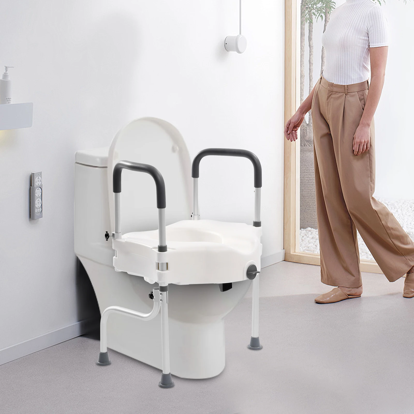 White Elderly Aluminum Alloy Toilet Height Pad With Armrest Toilet Seat Raiser & Safety Frames for Elder Suitable For Disabled