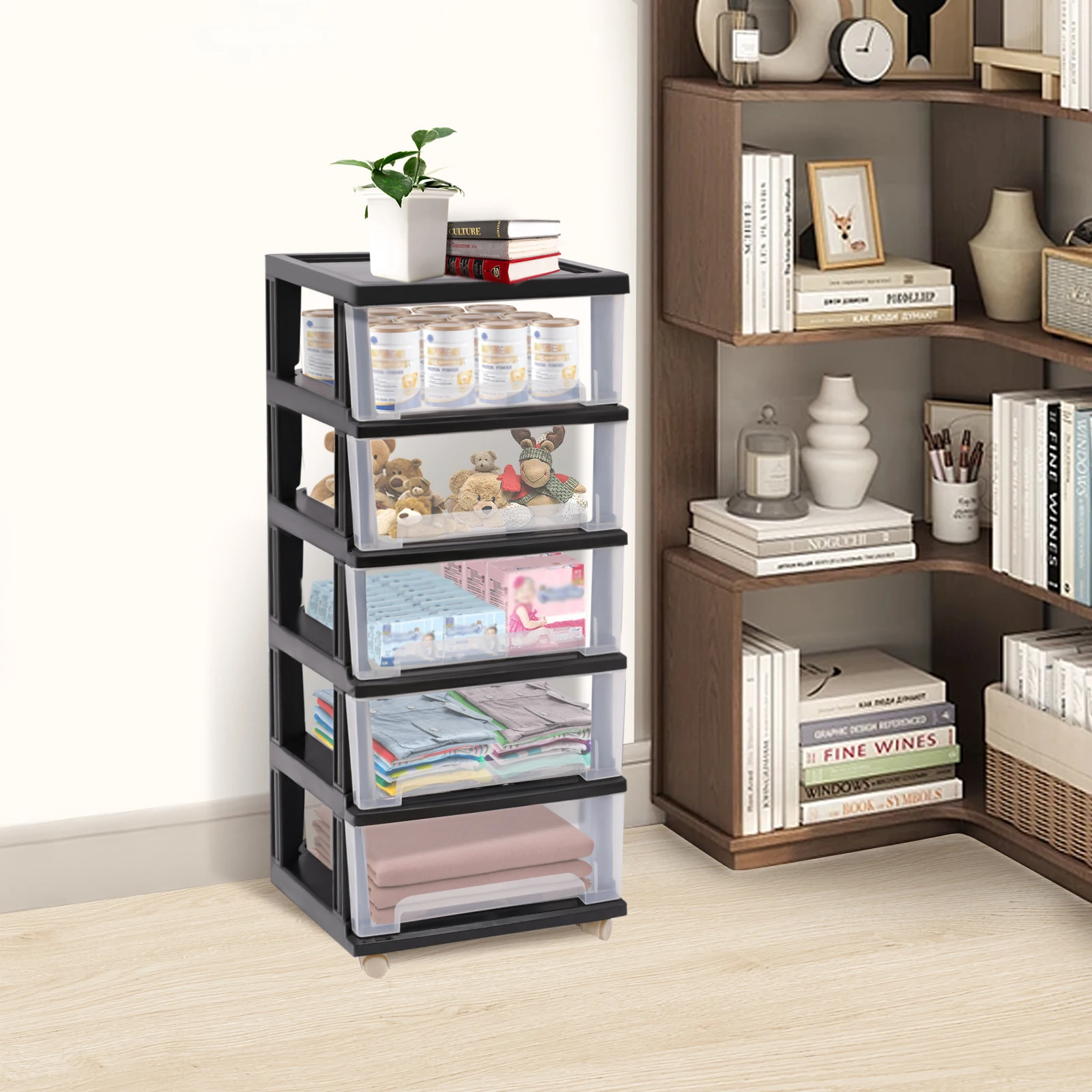 15.7*13inch 5 Plastic Drawer Storage Black Organizer Drawer Cart Durable Floor Mount Stylish for Organizing Book Drawing
