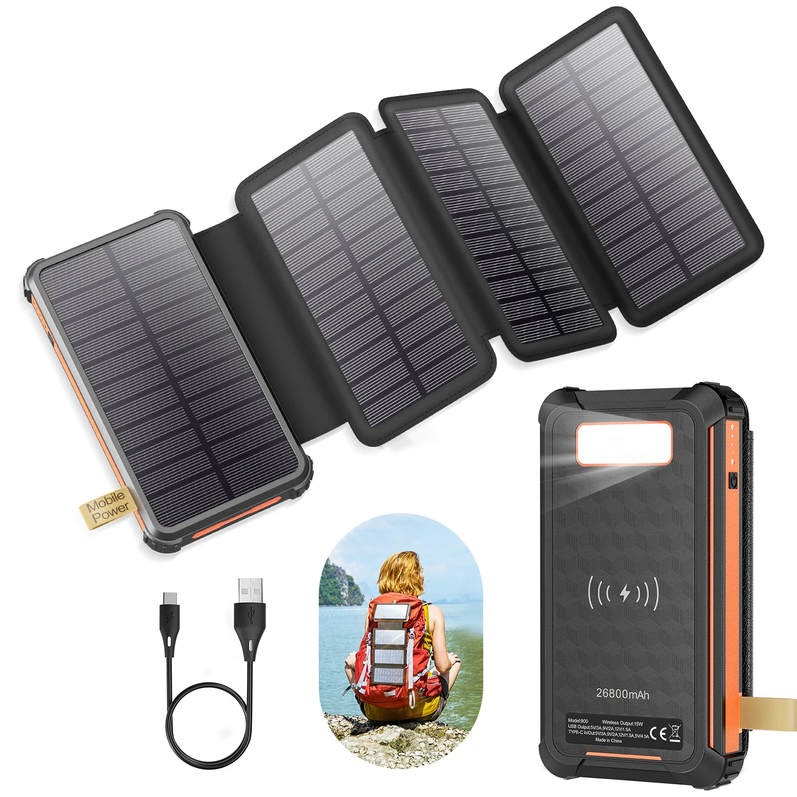 PD 22.5 W Solar Power Bank 26800mAh Fast Solar Charger QC 3.0,3 Outputs,4 Foldable Panels Charges External Battery,Camping Light