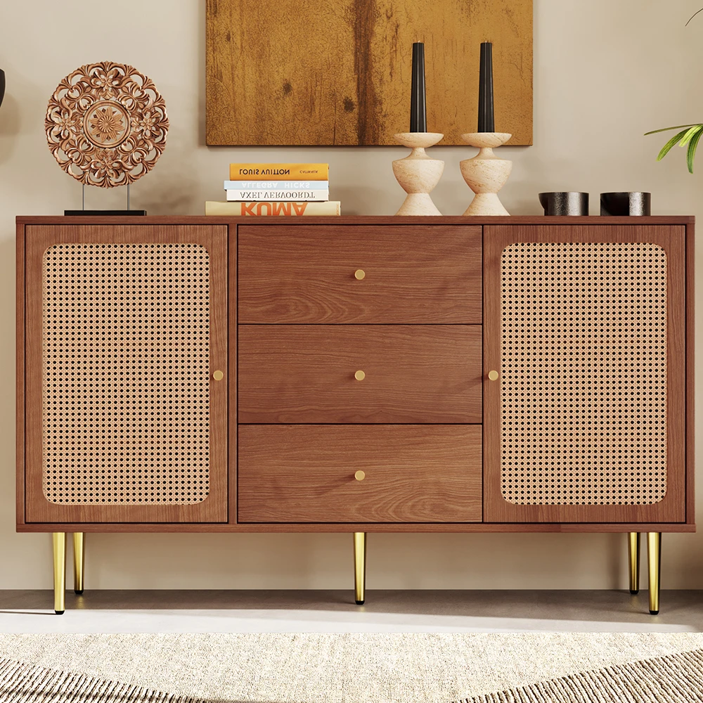 KOMHTOM chest of drawers with 2 doors and 3 drawers, rattan door chest of drawers with push box, Walnut
