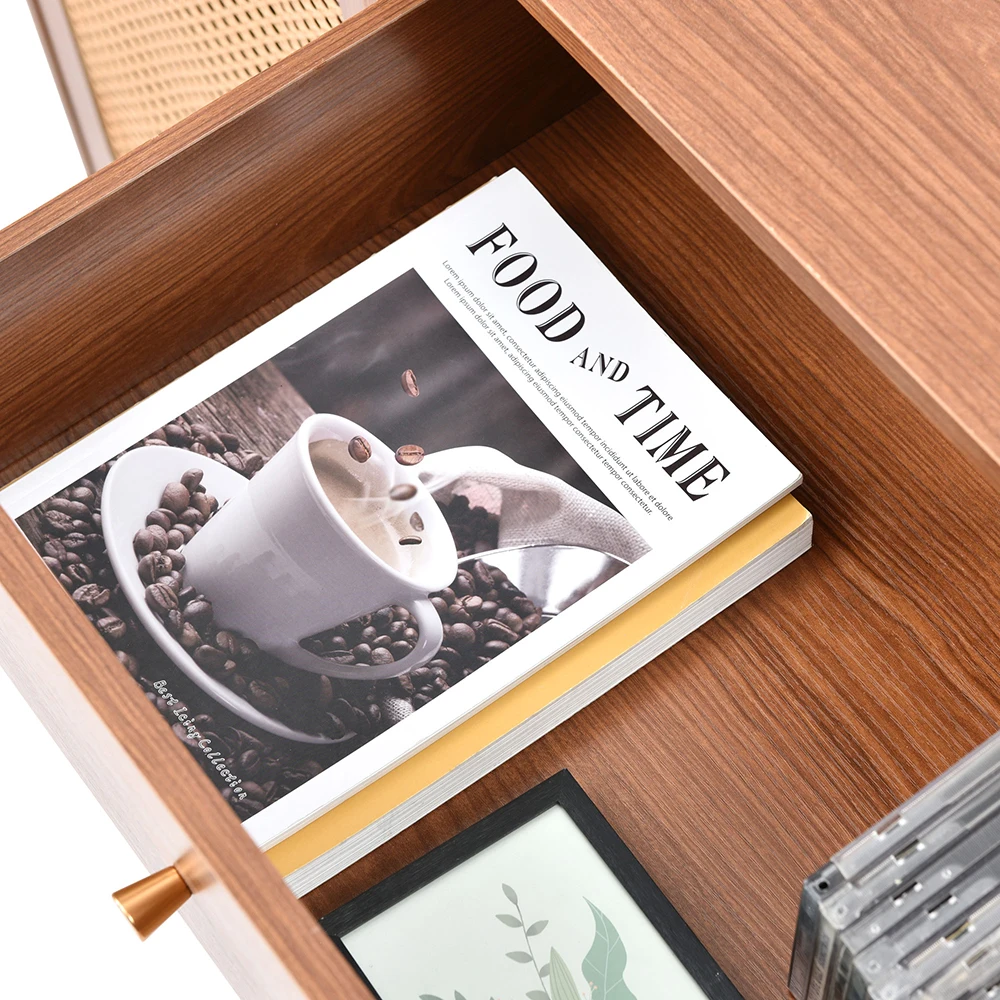 KOMHTOM chest of drawers with 2 doors and 3 drawers, rattan door chest of drawers with push box, Walnut
