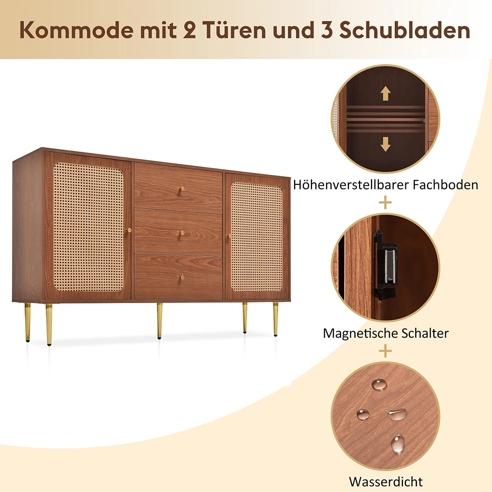 KOMHTOM chest of drawers with 2 doors and 3 drawers, rattan door chest of drawers with push box, Walnut