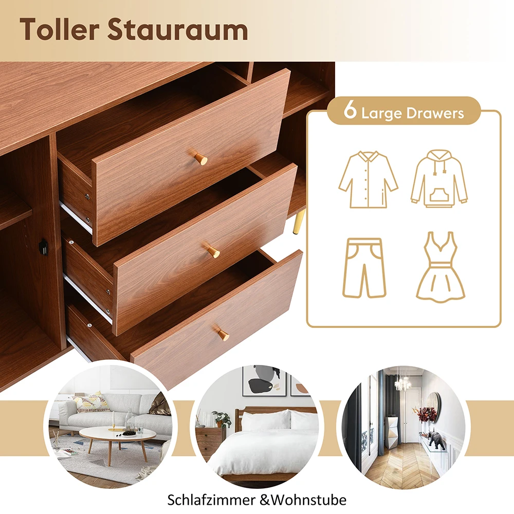 KOMHTOM chest of drawers with 2 doors and 3 drawers, rattan door chest of drawers with push box, Walnut
