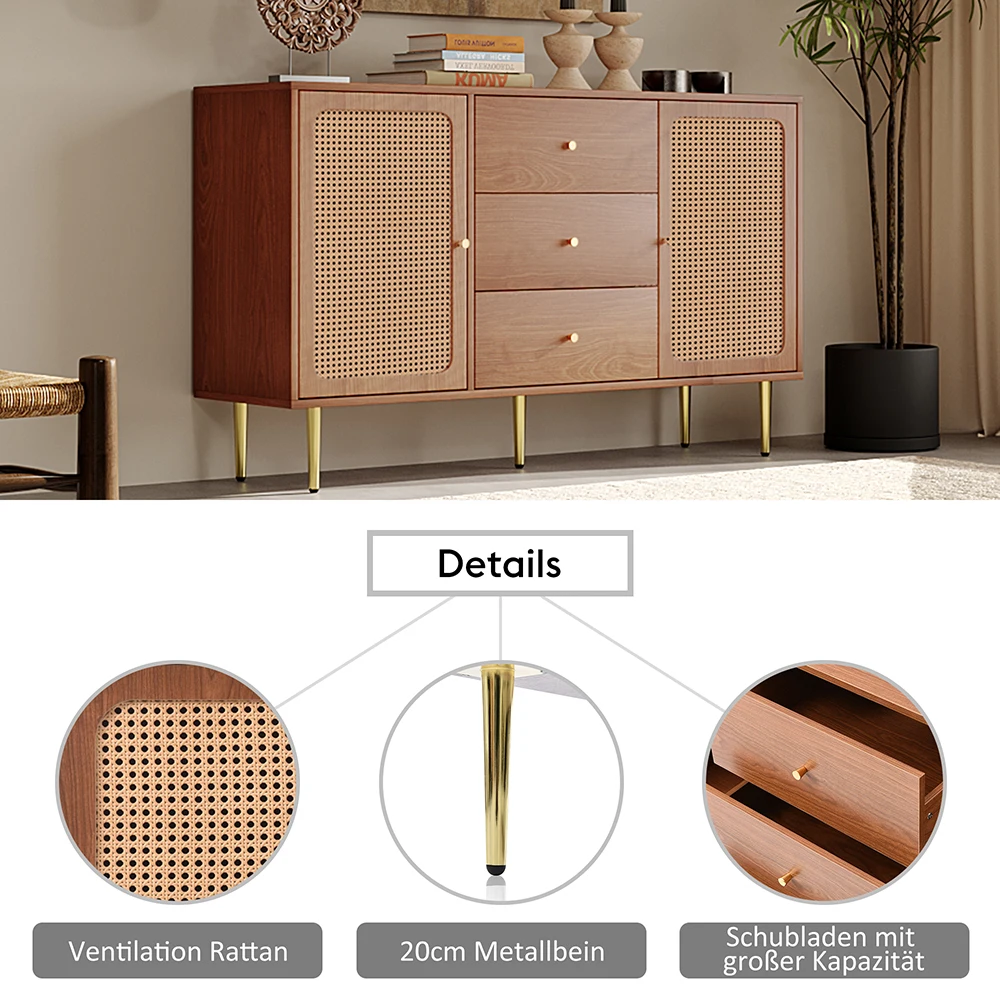 KOMHTOM chest of drawers with 2 doors and 3 drawers, rattan door chest of drawers with push box, Walnut