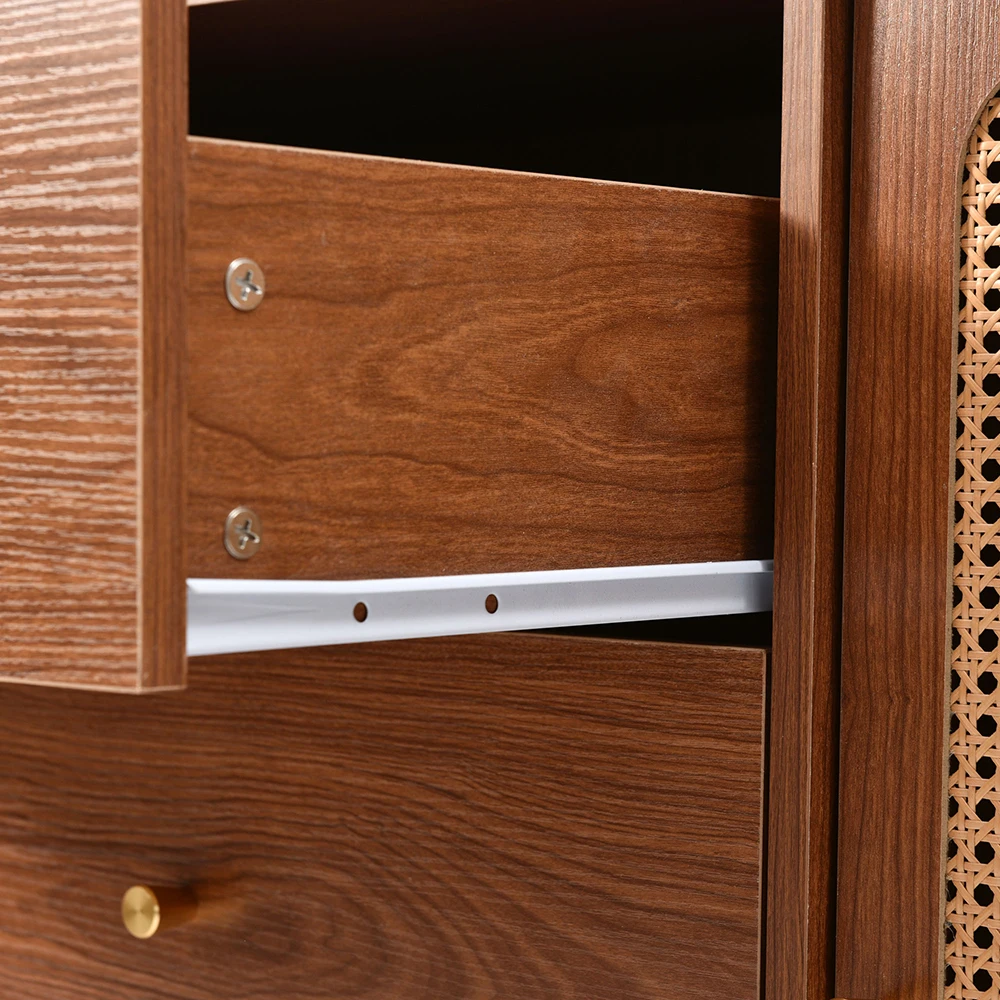 KOMHTOM chest of drawers with 2 doors and 3 drawers, rattan door chest of drawers with push box, Walnut