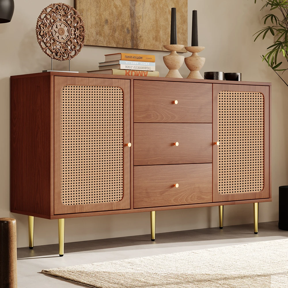 KOMHTOM chest of drawers with 2 doors and 3 drawers, rattan door chest of drawers with push box, Walnut