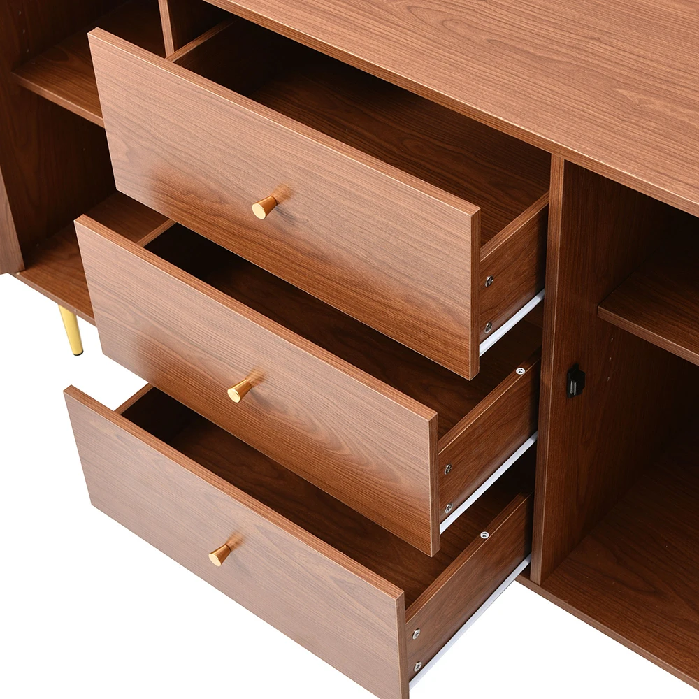 KOMHTOM chest of drawers with 2 doors and 3 drawers, rattan door chest of drawers with push box, Walnut