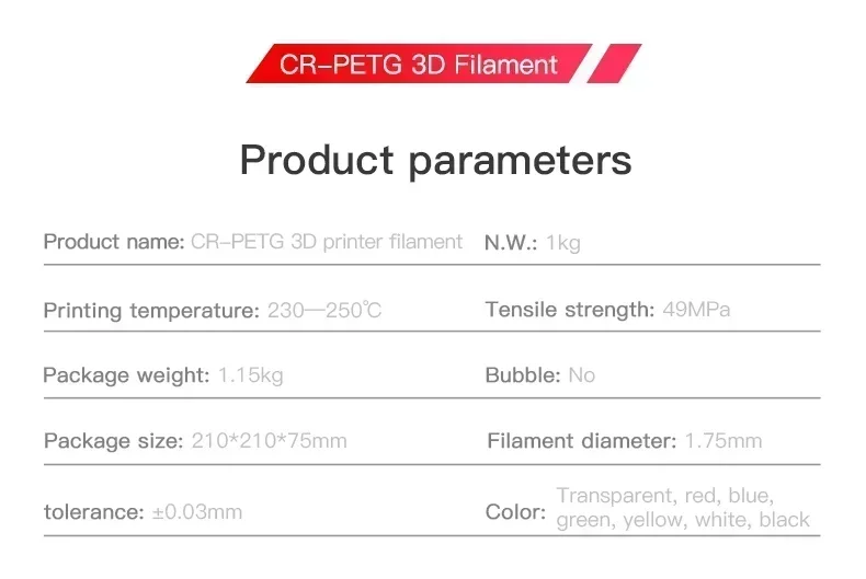 CREALITY Original CR-PETG Filament 1KG 1.75mm High Temperature Eco-friendly Odorless Non-toxic Excellent for Ender 3D Printer
