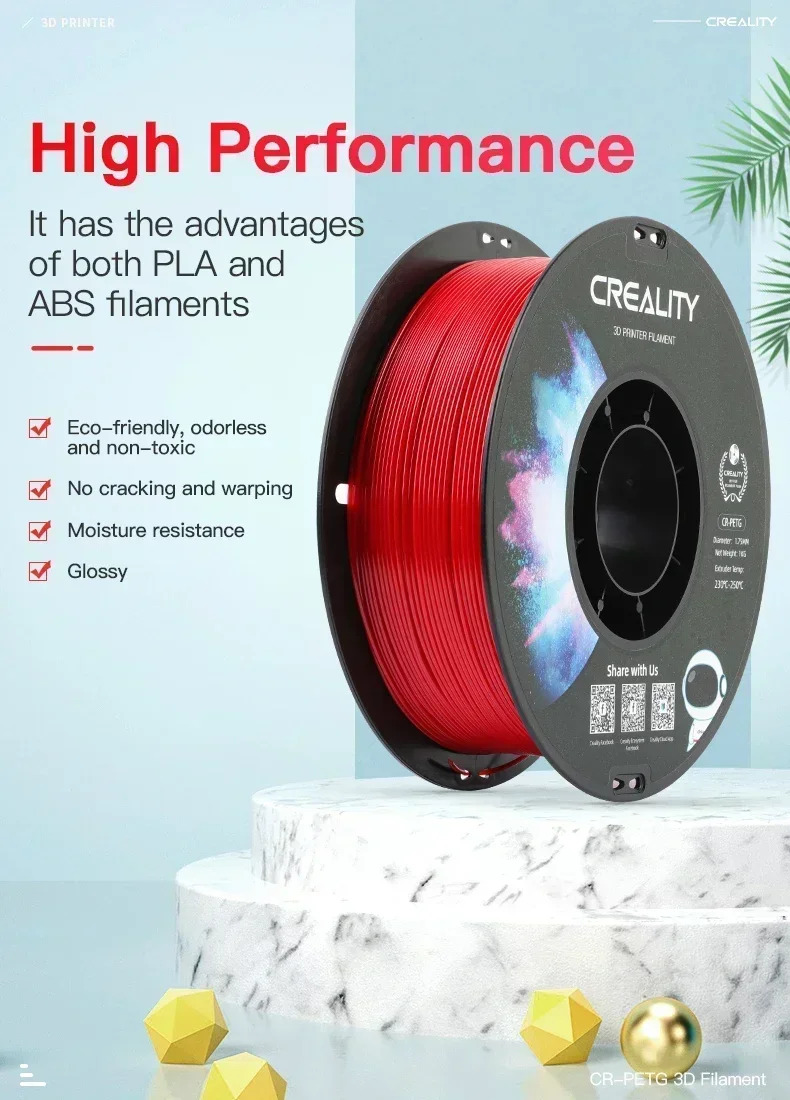 CREALITY Original CR-PETG Filament 1KG 1.75mm High Temperature Eco-friendly Odorless Non-toxic Excellent for Ender 3D Printer