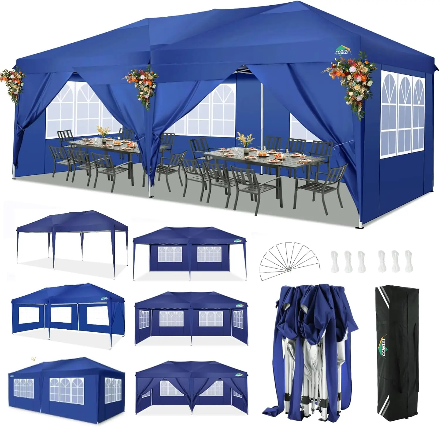 3x6m Folding Pavilion Waterproof Stable Party Tent with 6 Side Panels Pop-up Garden Canopy 3 Height Adjustable for Beach,Wedding