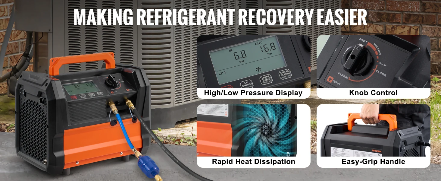 SucceBuy 1HP Refrigerant Recovery Machine Dual Cylinder Portable AC Recovery Machine with 3000rpm Brushless Motor for Automotive
