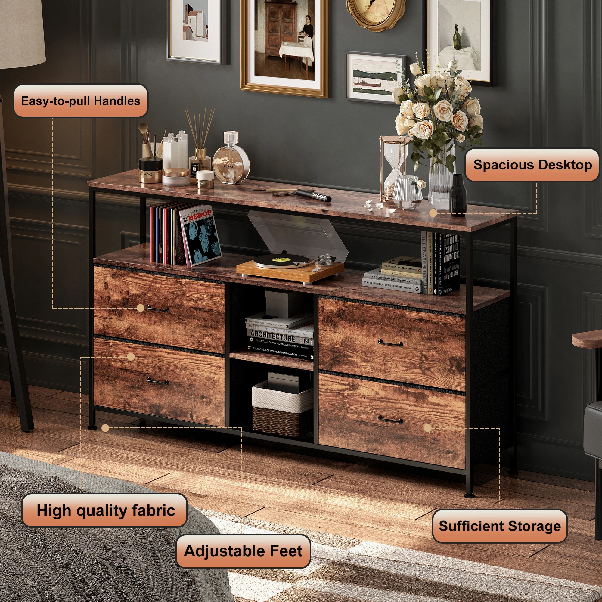Anajqaqia Vintage TV Cabinet, Upholstered Drawer Unit, Living Room Storage Cabinet with LED Lighting and 4 Storage Drawers