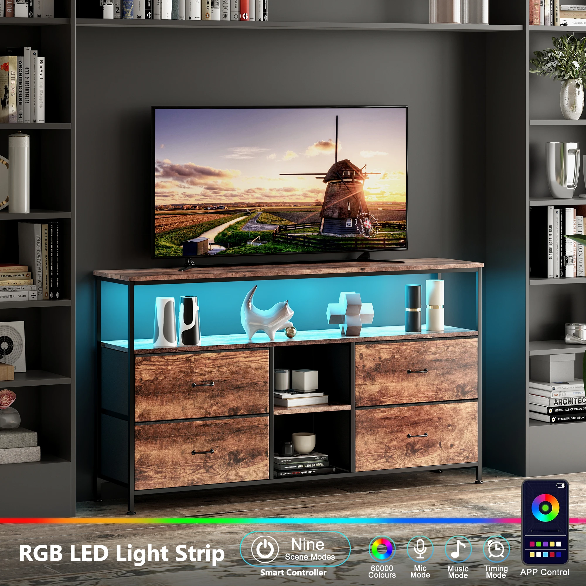Anajqaqia Vintage TV Cabinet, Upholstered Drawer Unit, Living Room Storage Cabinet with LED Lighting and 4 Storage Drawers