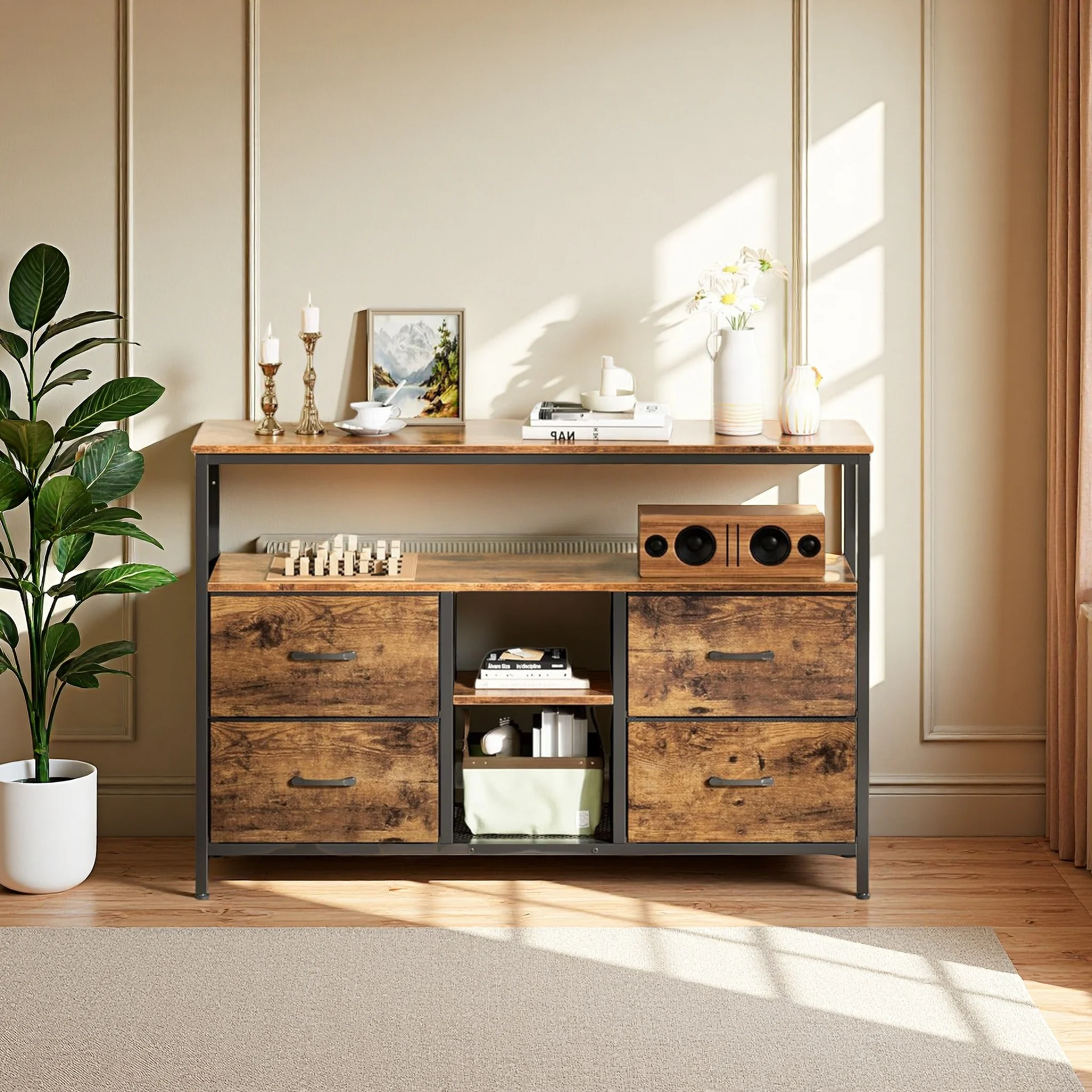 Anajqaqia Vintage TV Cabinet, Upholstered Drawer Unit, Living Room Storage Cabinet with LED Lighting and 4 Storage Drawers