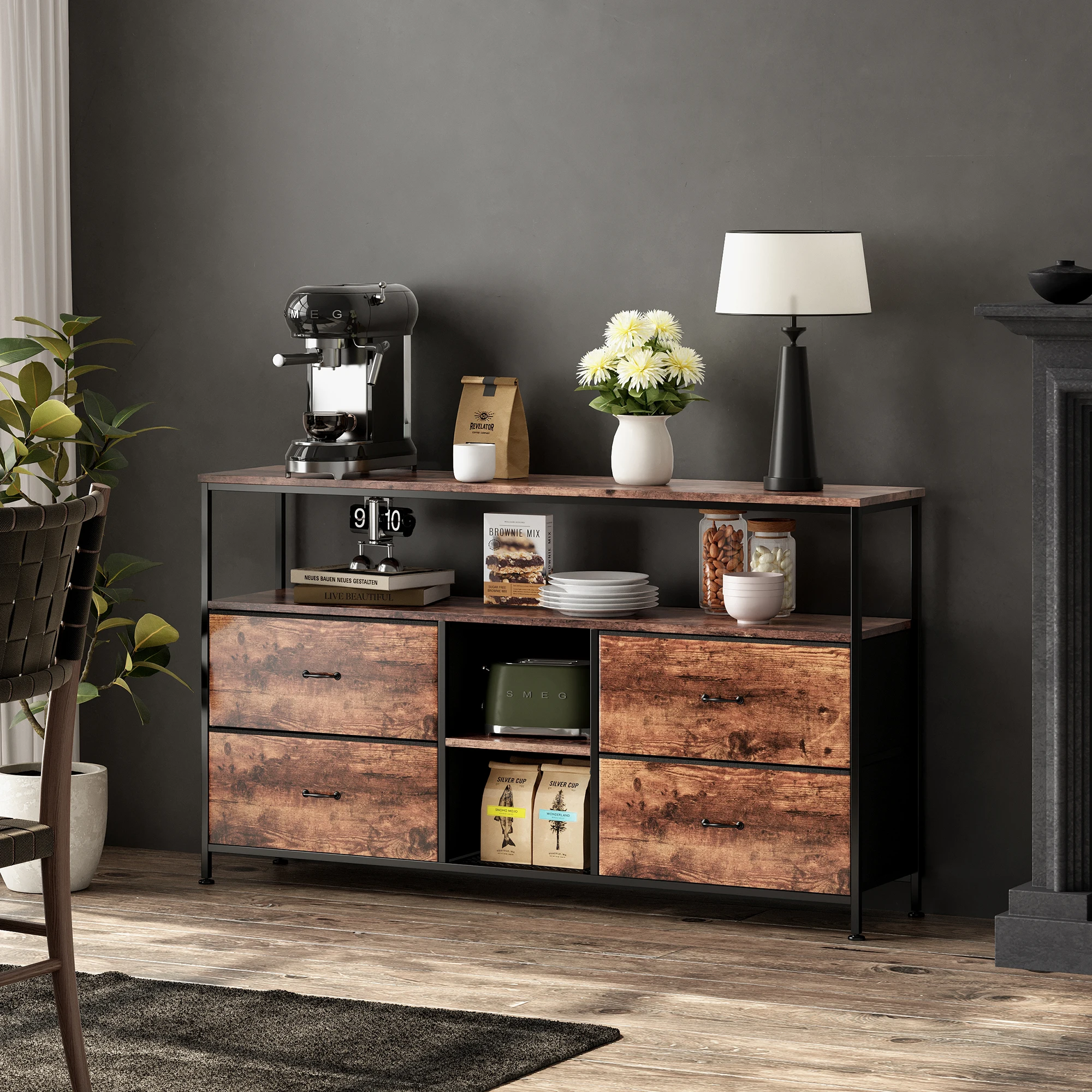 Anajqaqia Vintage TV Cabinet, Upholstered Drawer Unit, Living Room Storage Cabinet with LED Lighting and 4 Storage Drawers