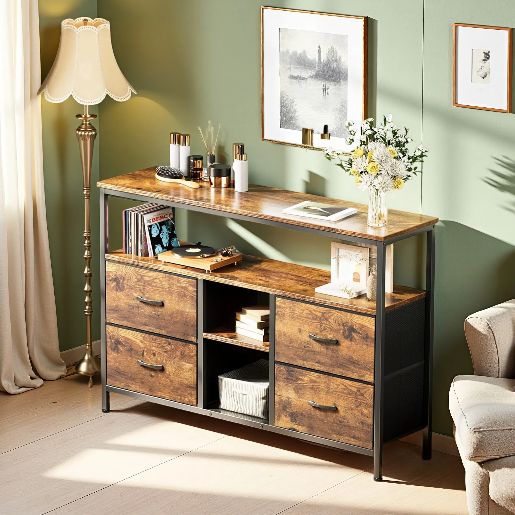 Anajqaqia Vintage TV Cabinet, Upholstered Drawer Unit, Living Room Storage Cabinet with LED Lighting and 4 Storage Drawers