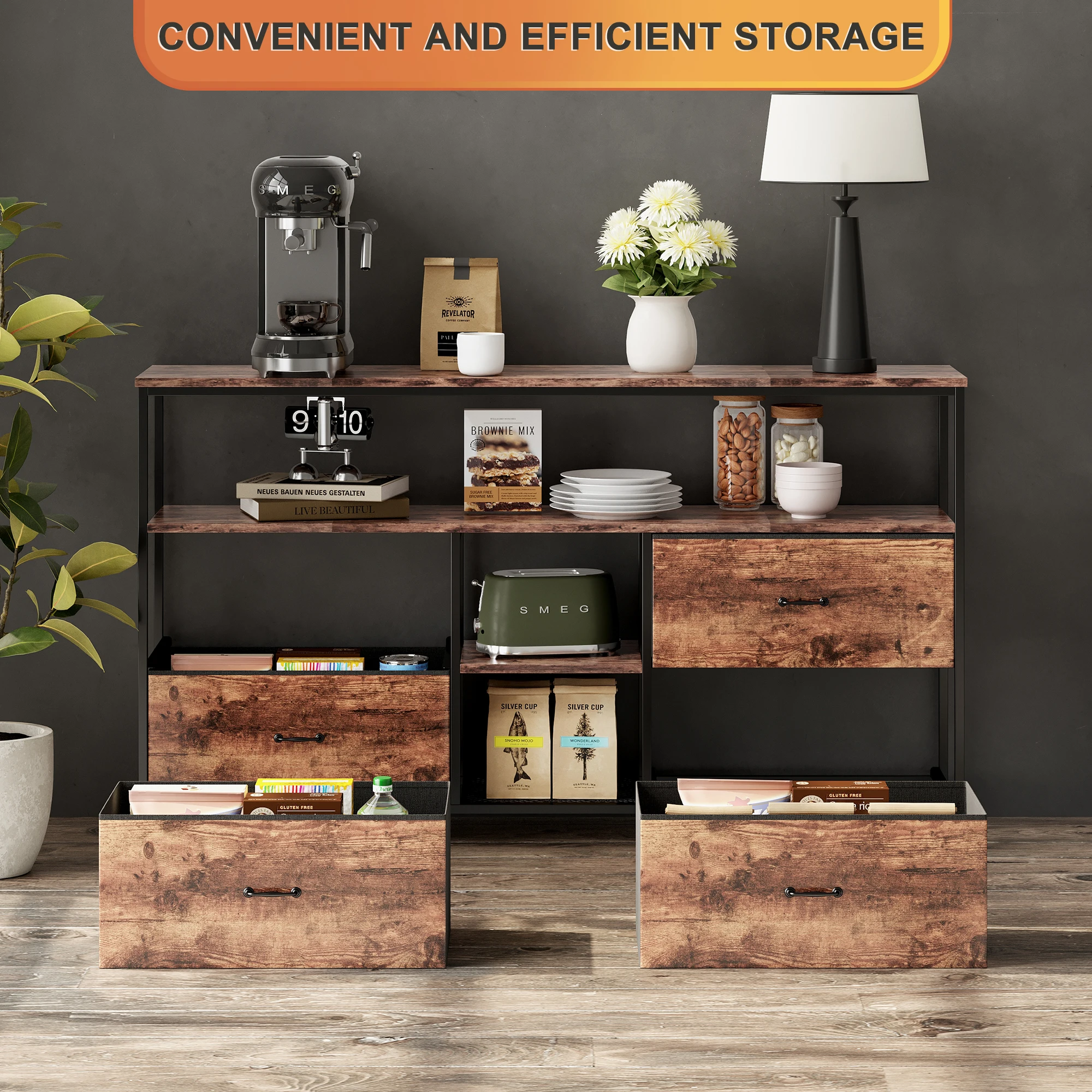 Anajqaqia Vintage TV Cabinet, Upholstered Drawer Unit, Living Room Storage Cabinet with LED Lighting and 4 Storage Drawers