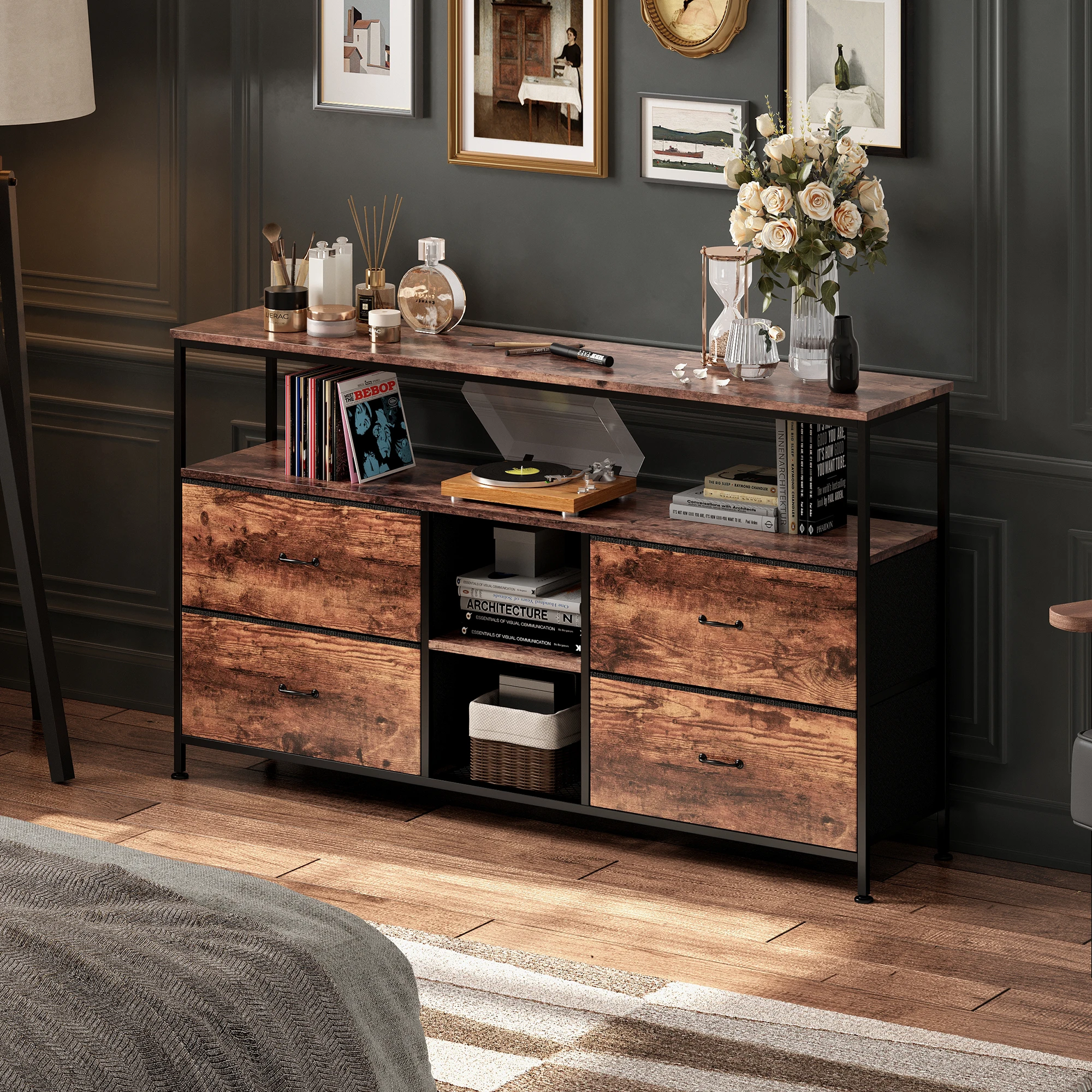 Anajqaqia Vintage TV Cabinet, Upholstered Drawer Unit, Living Room Storage Cabinet with LED Lighting and 4 Storage Drawers