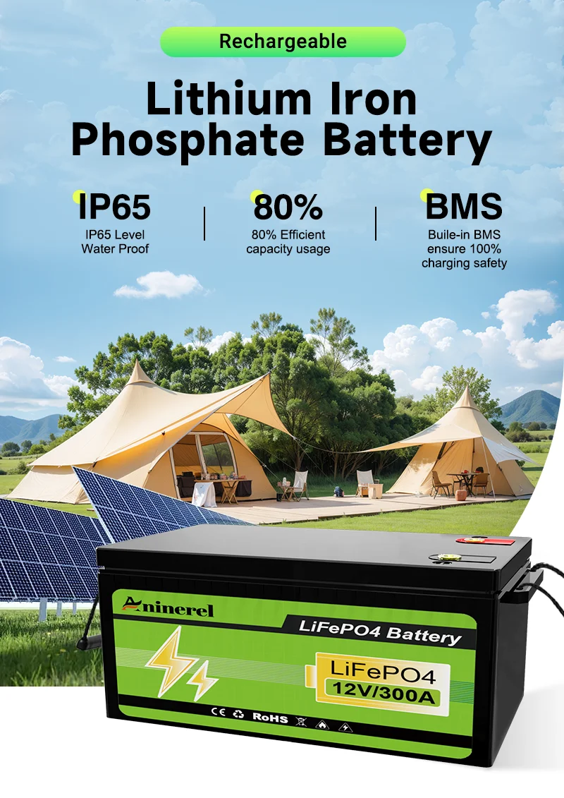Aninerel 12.8V 304Ah LiFePO4 Battery 3.84Kwh 6000+ Cycles BT 12V 300Ah portable battery Home Solar RV Golf Cart Lithium Battery