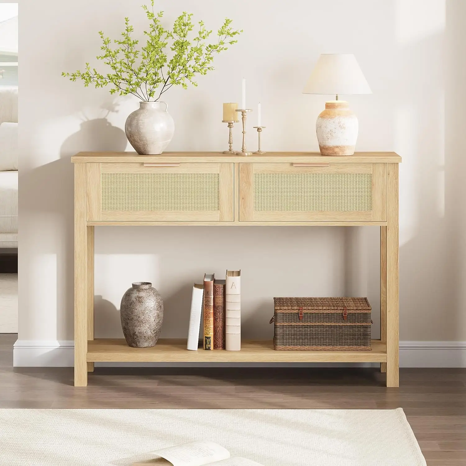 2-Tier Boho Rattan Wooden Entrance Console Table 2 Drawers 2 Shelves Narrow Sofa Table for Living Room Hallway Entrance