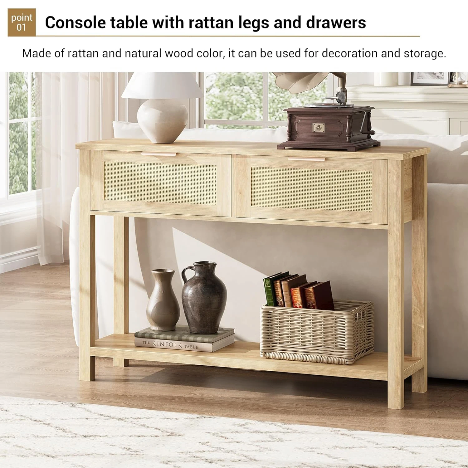 2-Tier Boho Rattan Wooden Entrance Console Table 2 Drawers 2 Shelves Narrow Sofa Table for Living Room Hallway Entrance