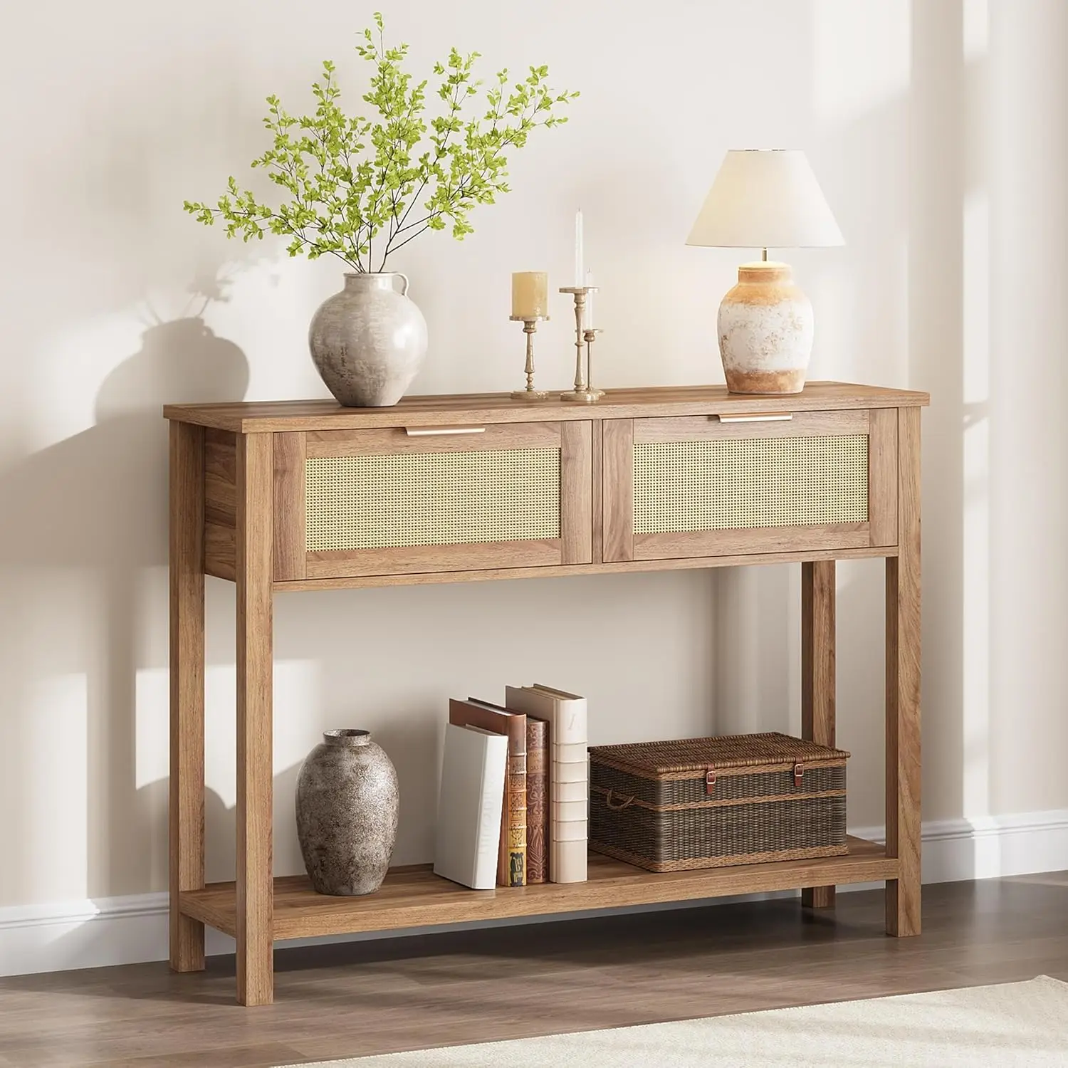 2-Tier Boho Rattan Wooden Entrance Console Table 2 Drawers 2 Shelves Narrow Sofa Table for Living Room Hallway Entrance