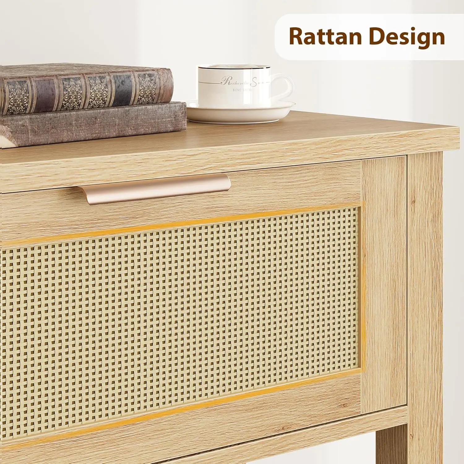 2-Tier Boho Rattan Wooden Entrance Console Table 2 Drawers 2 Shelves Narrow Sofa Table for Living Room Hallway Entrance