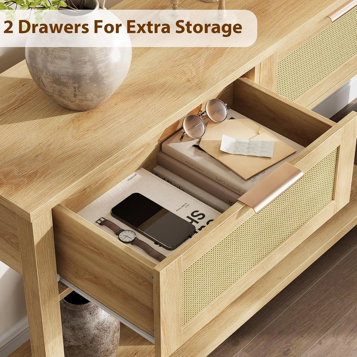 2-Tier Boho Rattan Wooden Entrance Console Table 2 Drawers 2 Shelves Narrow Sofa Table for Living Room Hallway Entrance