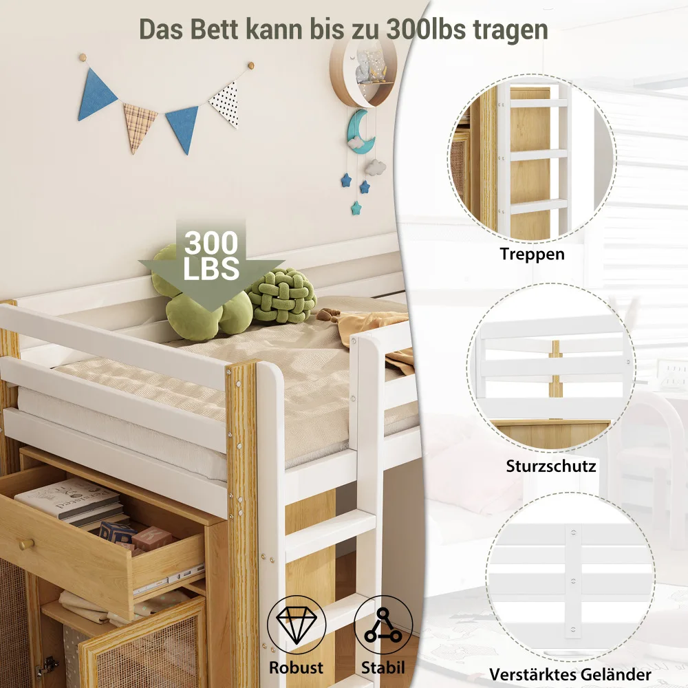 90 X 200cm Children's Bunk Bed, Multifunctional Kids Bed, with 2 Storage Cabinets and Ladder, Without Mattress, Nature + White