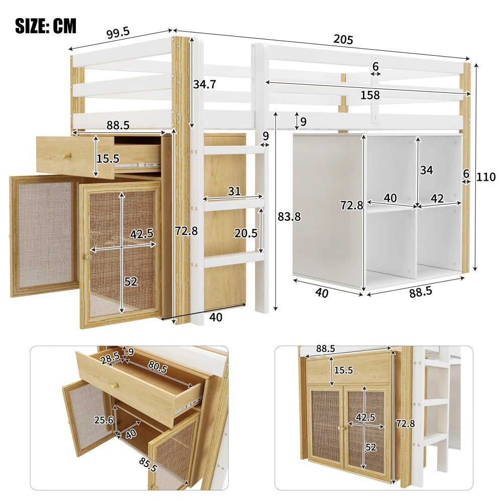 90 X 200cm Children's Bunk Bed, Multifunctional Kids Bed, with 2 Storage Cabinets and Ladder, Without Mattress, Nature + White