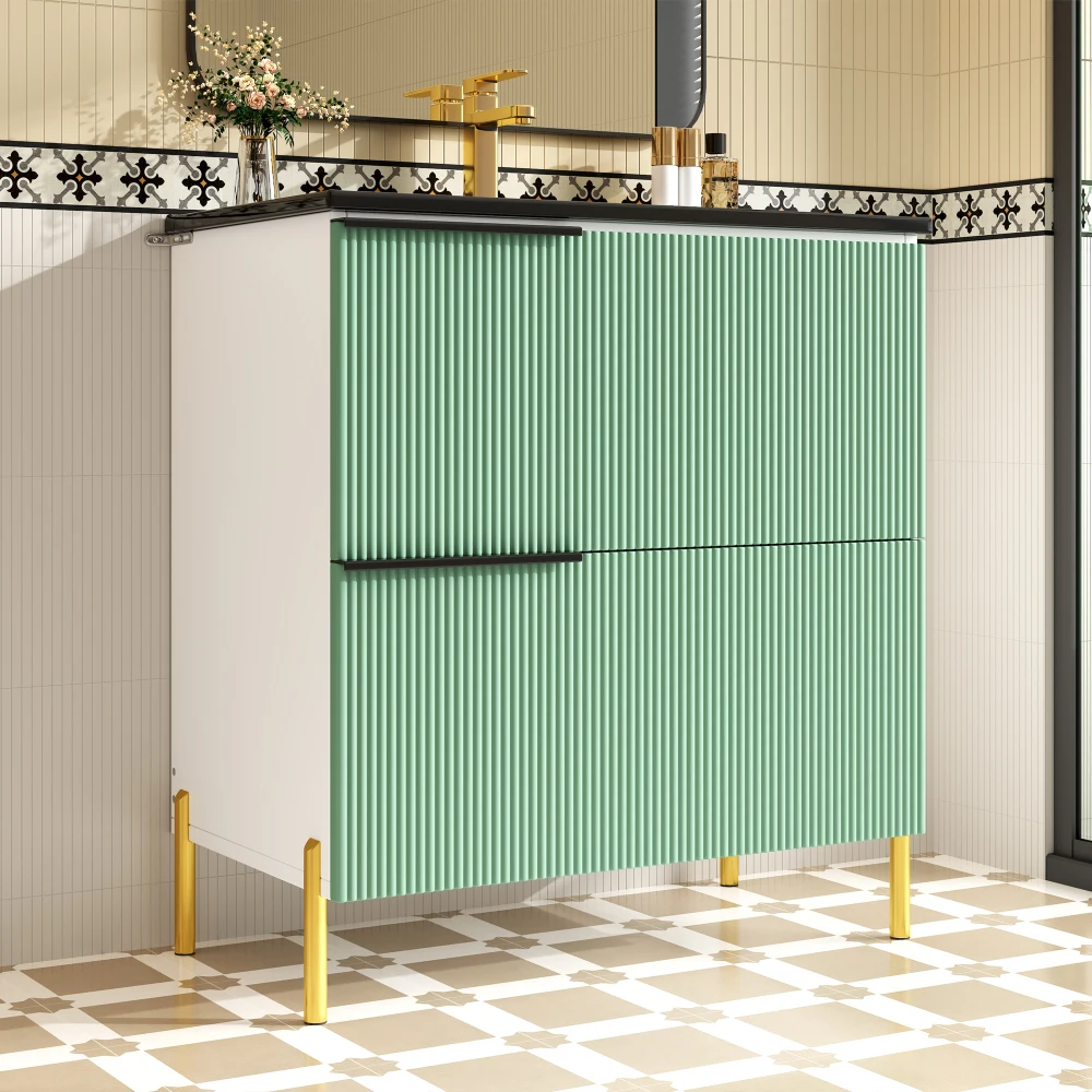 Green Freestanding Bathroom Vanity with Ceramic Single Sink MDF Bathroom Sink Cabinet Multifunctional Bathroom Storage Organizer