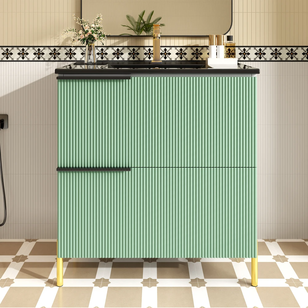 Green Freestanding Bathroom Vanity with Ceramic Single Sink MDF Bathroom Sink Cabinet Multifunctional Bathroom Storage Organizer