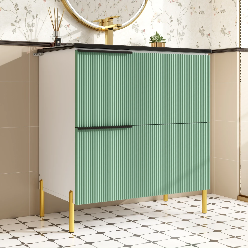 Green Freestanding Bathroom Vanity with Ceramic Single Sink MDF Bathroom Sink Cabinet Multifunctional Bathroom Storage Organizer