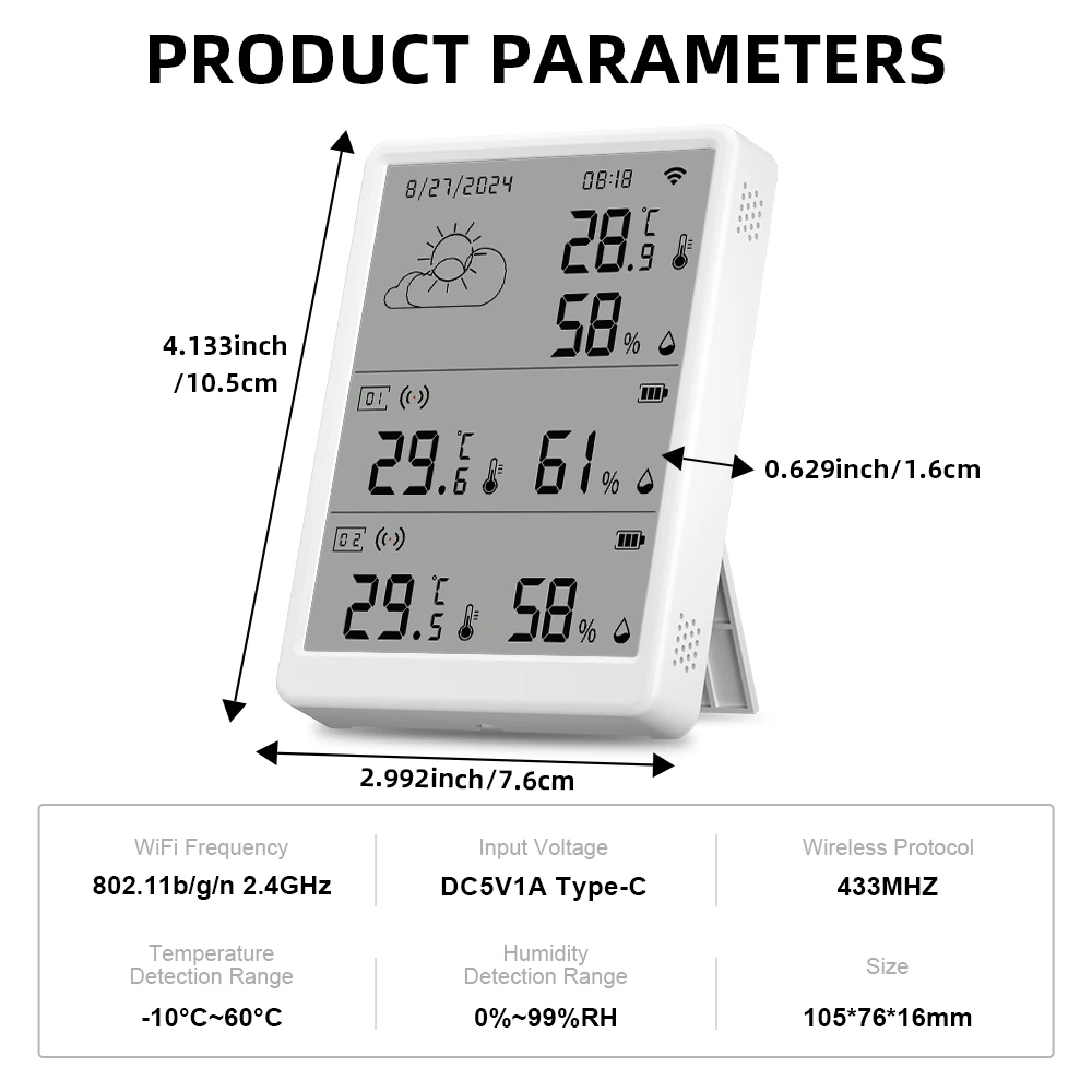 Tuya WiFi Weather Station Temperature Humidity Sensor Smart Thermohygrometer Kit and 433mhz Thermohygrometer with App Alert