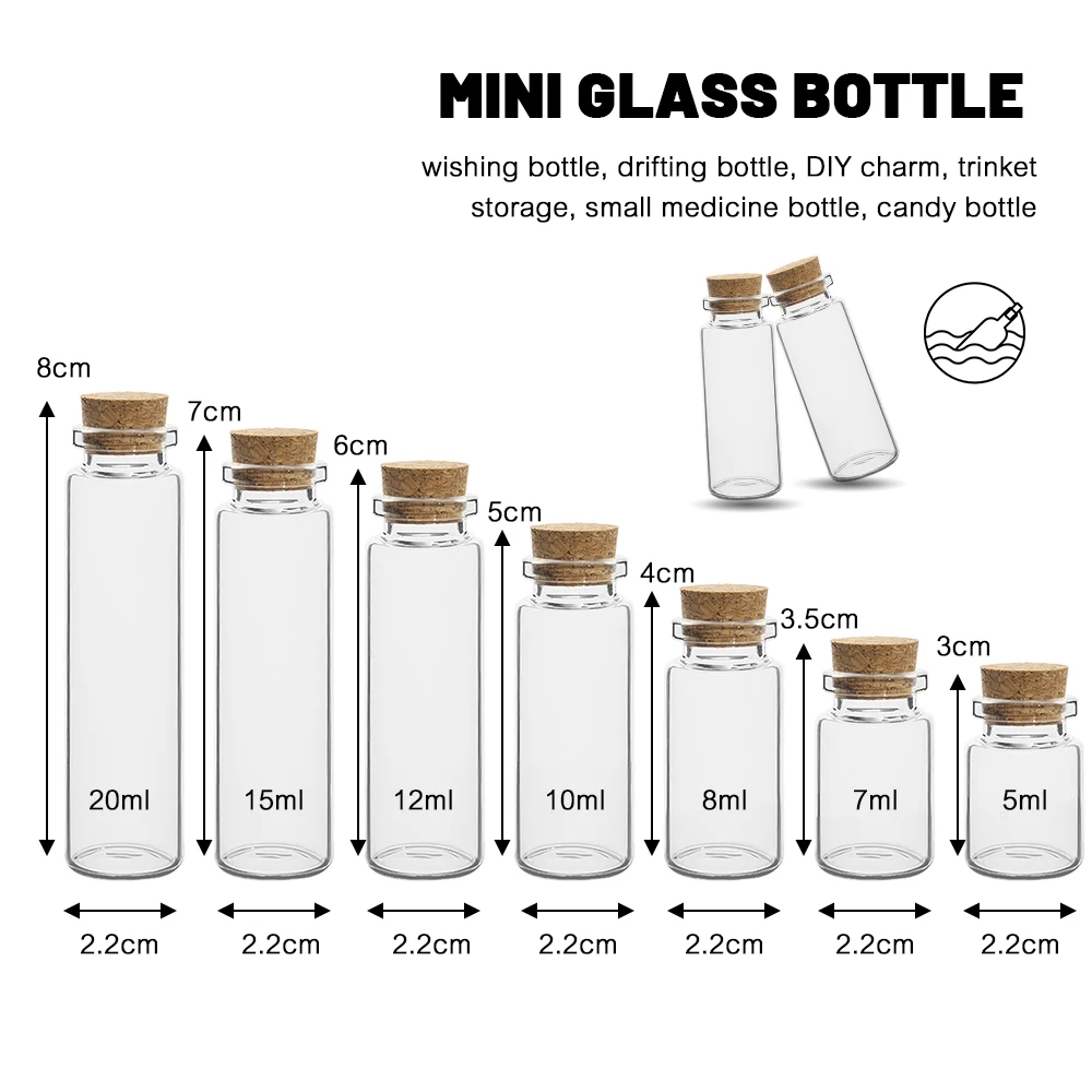 10Pcs 5/7/8/10/12/15/20ml Mini Glass Bottles with Cork Stoppers DIY Decoration Vials for Drift Bottle Lovely Wedding Party Decor