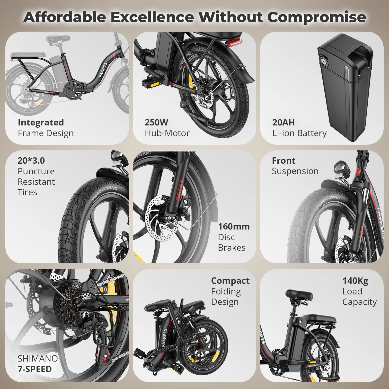 FAFREES F20+ Adult Electric Bike 250W Motor City Ebike 36V20AH Battery E-bike 20 Inch Fat Tire Folding Electric Bicycle 