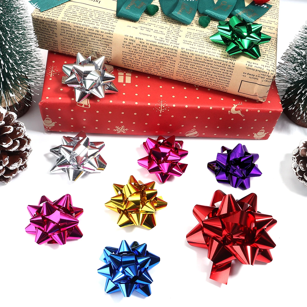 3.8/5/6/7cm Colorful 3D Star Flower Decorations DIY Self-Adhesive Ribbon Bows Paper Gift Wrapping For Festive Christmas Wedding