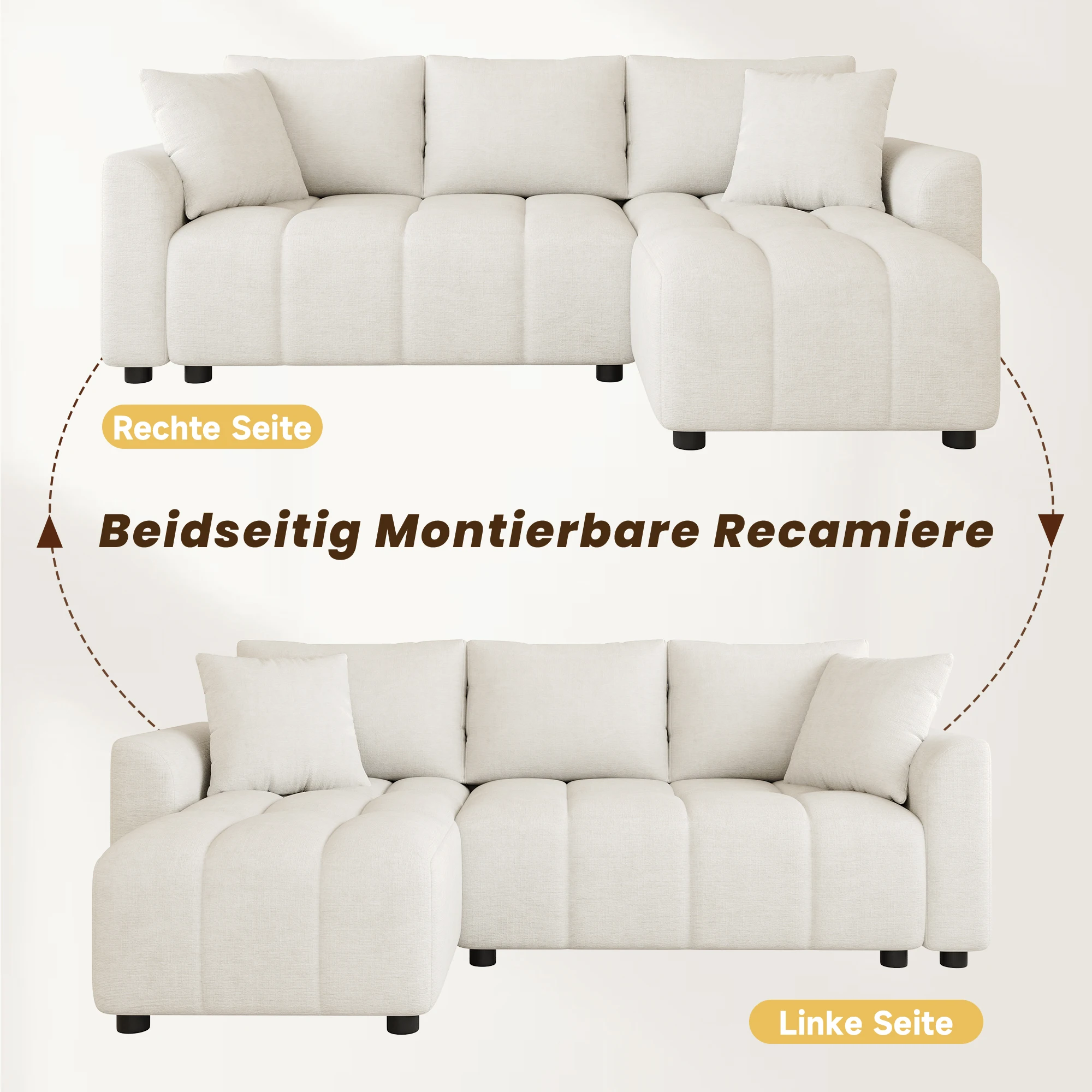 3-seater sofa,convertible L-shaped corner sofa,chenille fabric,with 2 decorative cushions,suitable for living room and apartment
