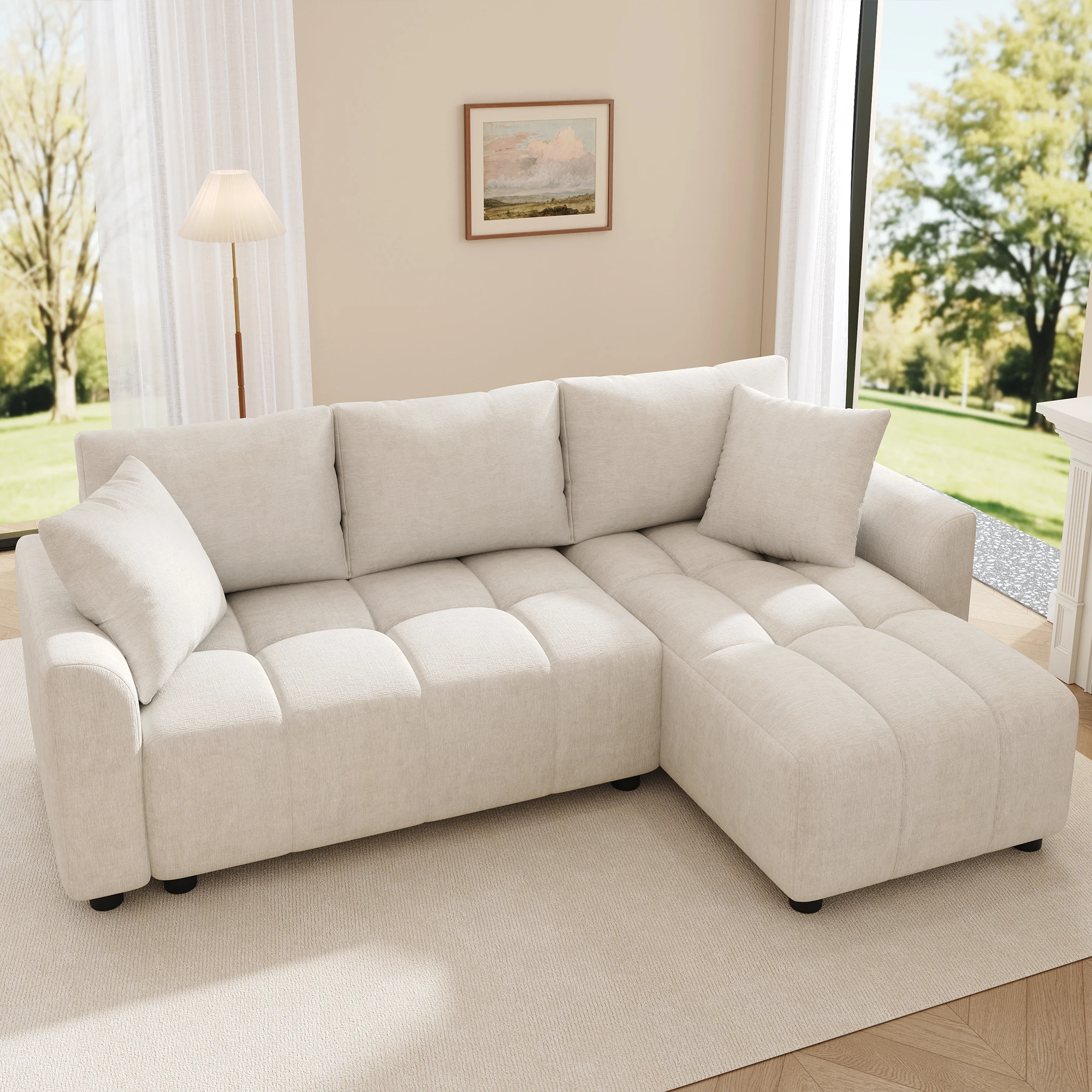 3-seater sofa,convertible L-shaped corner sofa,chenille fabric,with 2 decorative cushions,suitable for living room and apartment
