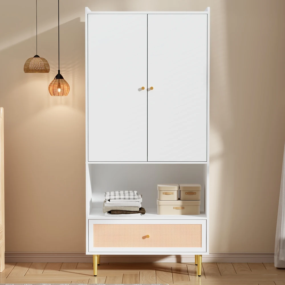 Large Rattan Drawer Wardrobe with 2 Doors Bedroom Cabinet Metal Legs Handles 80x48x175 Cm Storage Organizer