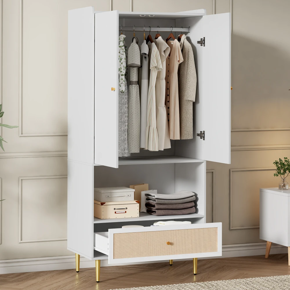 Large Rattan Drawer Wardrobe with 2 Doors Bedroom Cabinet Metal Legs Handles 80x48x175 Cm Storage Organizer
