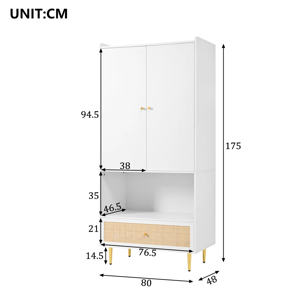 Large Rattan Drawer Wardrobe with 2 Doors Bedroom Cabinet Metal Legs Handles 80x48x175 Cm Storage Organizer